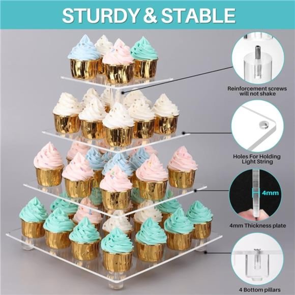 4 Tier Clear Acrylic Cupcake Stand with Gold LED String Lights, Square Tower - Picture 4 of 7